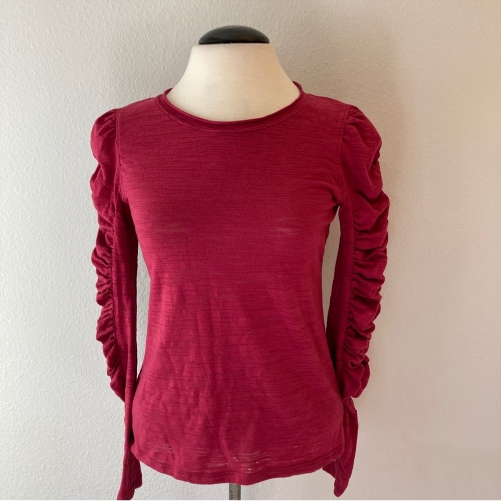 House of Harlow 1960 Ruched Sleeve Burgundy Red Long Sleeve Top, Med